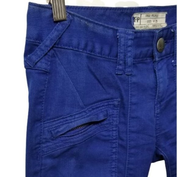Free People Cobalt Blue Skinny Moto Utility Jeans 25 Zippered Pockets - Picture 3 of 7
